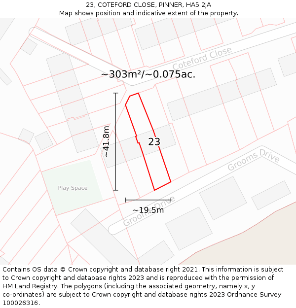 23, COTEFORD CLOSE, PINNER, HA5 2JA: Plot and title map