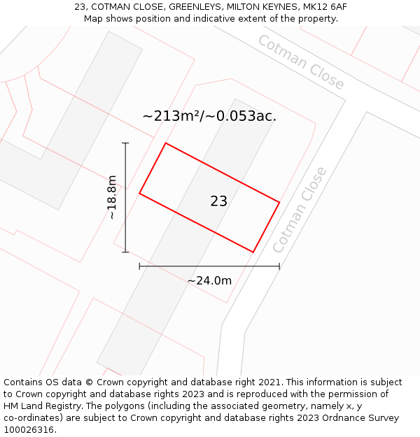 23, COTMAN CLOSE, GREENLEYS, MILTON KEYNES, MK12 6AF: Plot and title map