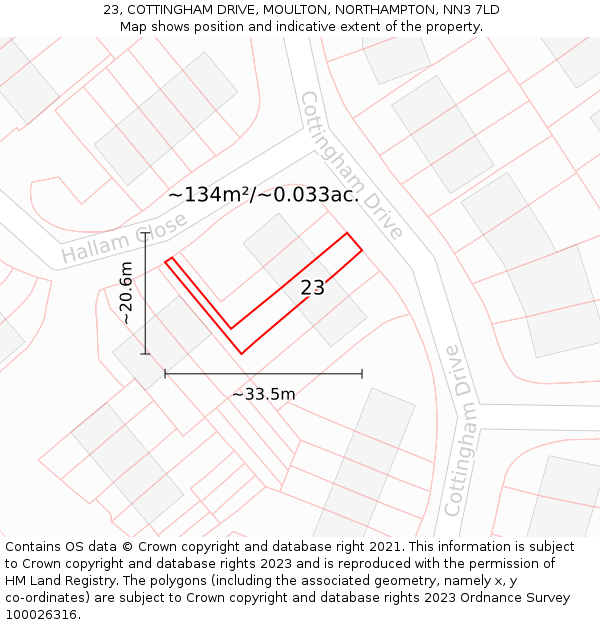 23, COTTINGHAM DRIVE, MOULTON, NORTHAMPTON, NN3 7LD: Plot and title map
