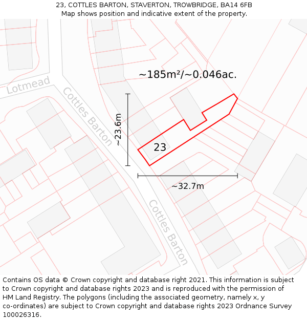 23, COTTLES BARTON, STAVERTON, TROWBRIDGE, BA14 6FB: Plot and title map