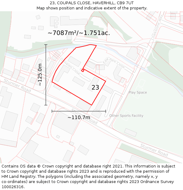 23, COUPALS CLOSE, HAVERHILL, CB9 7UT: Plot and title map