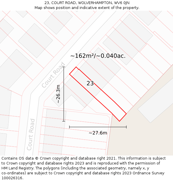 23, COURT ROAD, WOLVERHAMPTON, WV6 0JN: Plot and title map