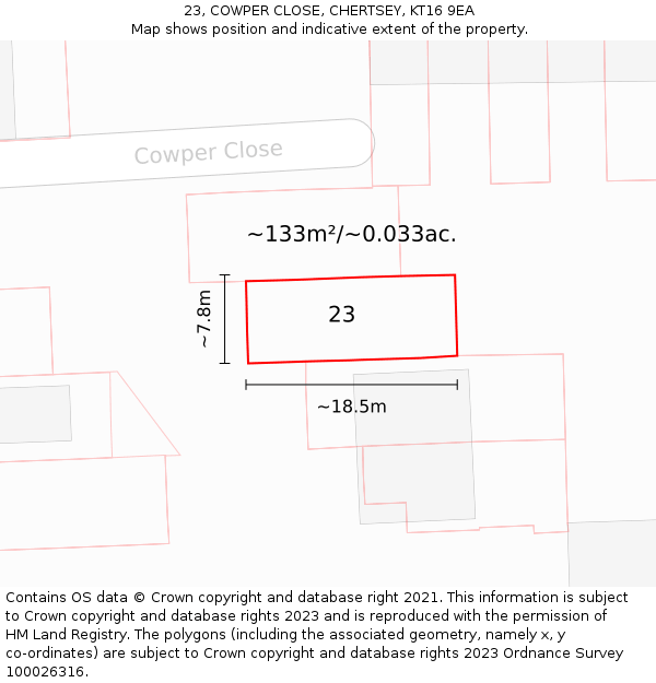 23, COWPER CLOSE, CHERTSEY, KT16 9EA: Plot and title map