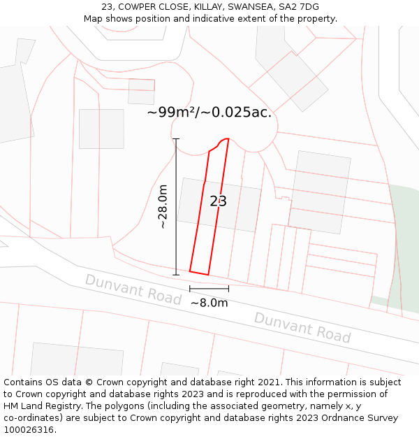 23, COWPER CLOSE, KILLAY, SWANSEA, SA2 7DG: Plot and title map