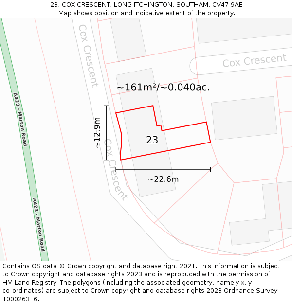 23, COX CRESCENT, LONG ITCHINGTON, SOUTHAM, CV47 9AE: Plot and title map