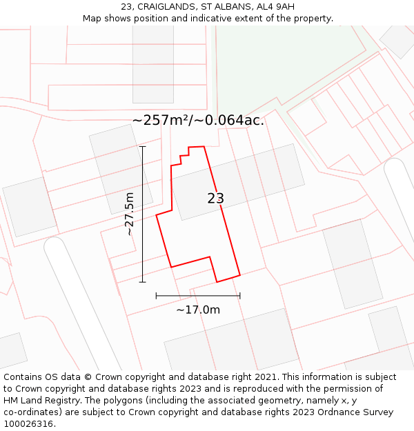 23, CRAIGLANDS, ST ALBANS, AL4 9AH: Plot and title map