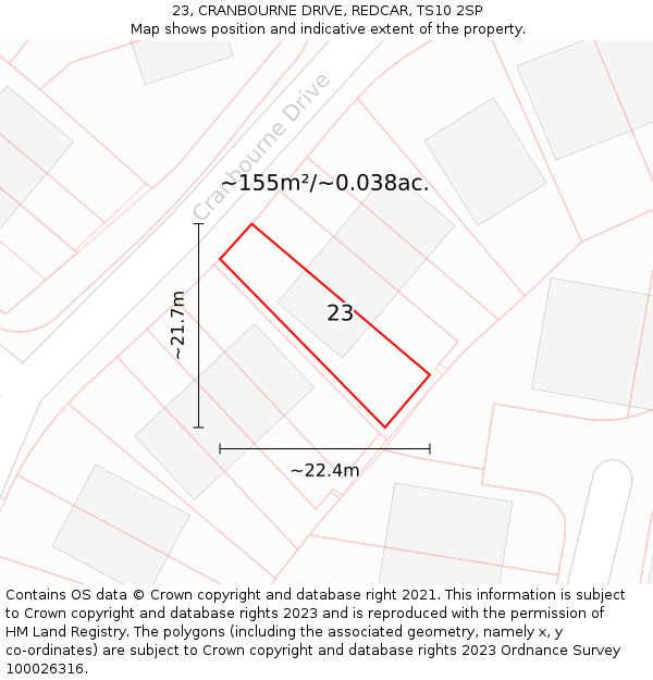 23, CRANBOURNE DRIVE, REDCAR, TS10 2SP: Plot and title map