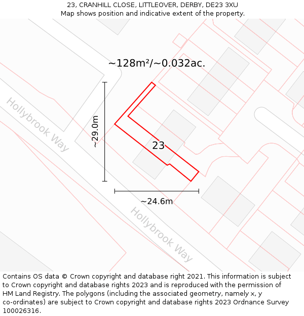 23, CRANHILL CLOSE, LITTLEOVER, DERBY, DE23 3XU: Plot and title map