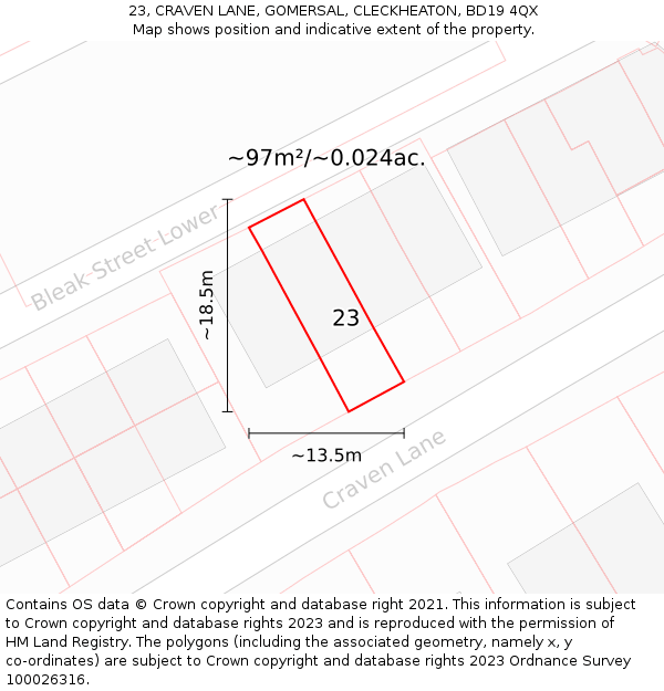 23, CRAVEN LANE, GOMERSAL, CLECKHEATON, BD19 4QX: Plot and title map