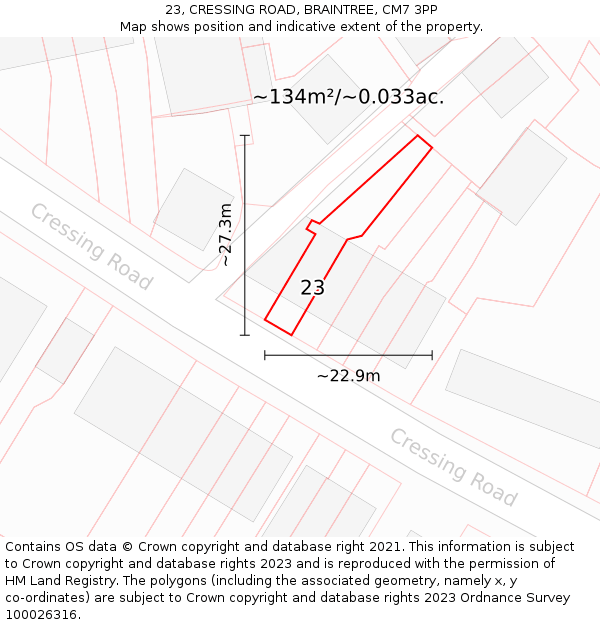 23, CRESSING ROAD, BRAINTREE, CM7 3PP: Plot and title map
