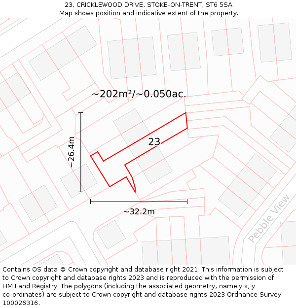 23, CRICKLEWOOD DRIVE, STOKE-ON-TRENT, ST6 5SA: Plot and title map