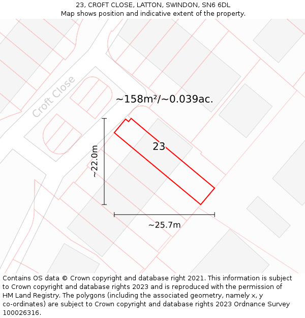 23, CROFT CLOSE, LATTON, SWINDON, SN6 6DL: Plot and title map