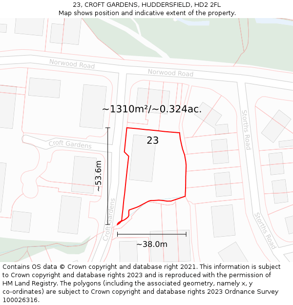 23, CROFT GARDENS, HUDDERSFIELD, HD2 2FL: Plot and title map