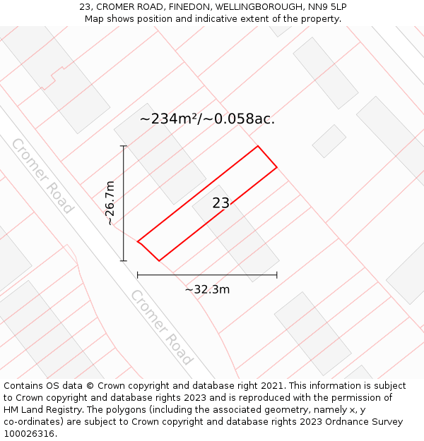 23, CROMER ROAD, FINEDON, WELLINGBOROUGH, NN9 5LP: Plot and title map