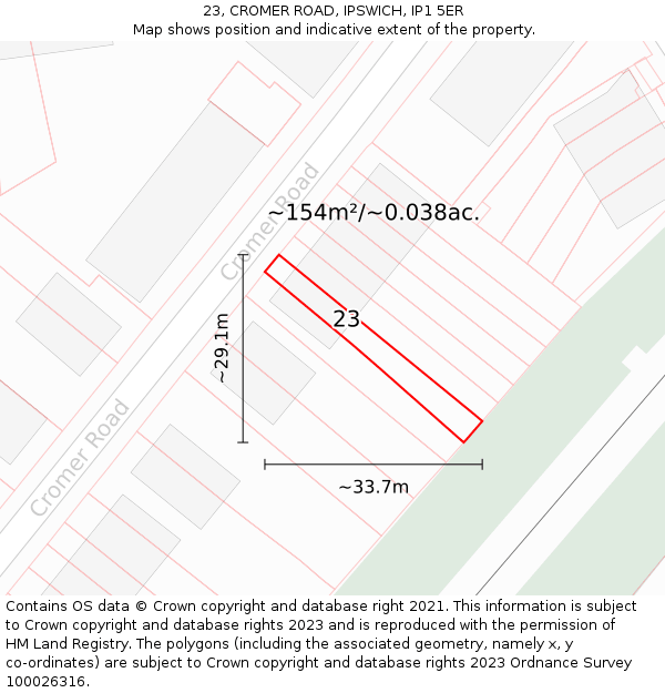 23, CROMER ROAD, IPSWICH, IP1 5ER: Plot and title map