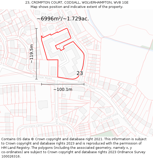 23, CROMPTON COURT, CODSALL, WOLVERHAMPTON, WV8 1GE: Plot and title map