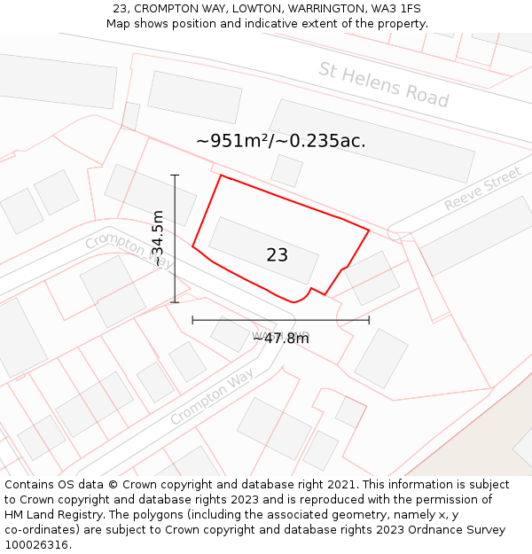 23, CROMPTON WAY, LOWTON, WARRINGTON, WA3 1FS: Plot and title map