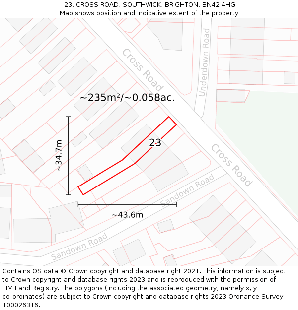 23, CROSS ROAD, SOUTHWICK, BRIGHTON, BN42 4HG: Plot and title map