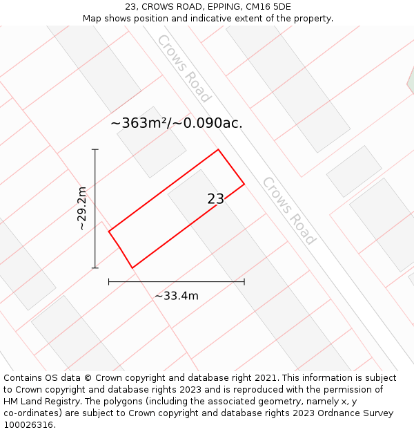 23, CROWS ROAD, EPPING, CM16 5DE: Plot and title map