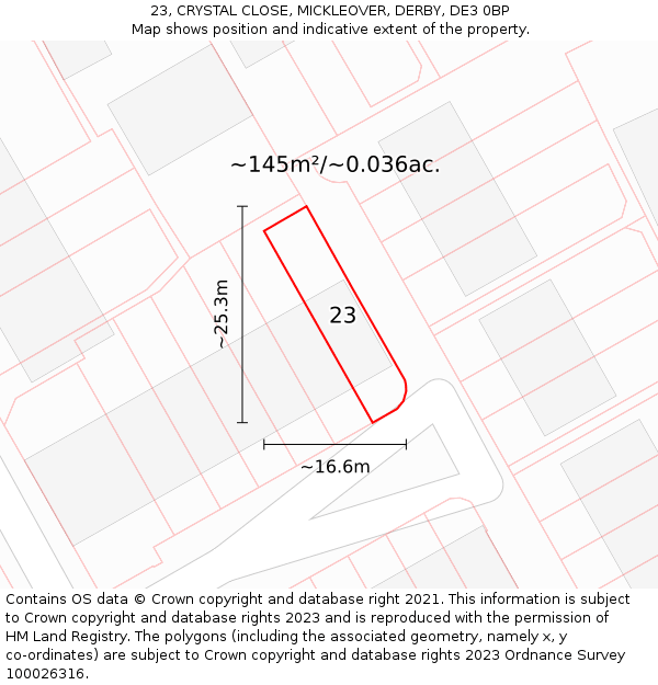 23, CRYSTAL CLOSE, MICKLEOVER, DERBY, DE3 0BP: Plot and title map