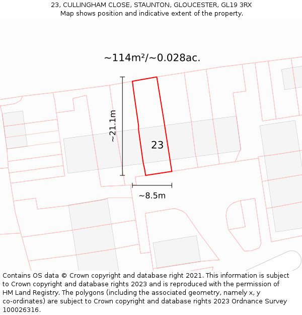 23, CULLINGHAM CLOSE, STAUNTON, GLOUCESTER, GL19 3RX: Plot and title map