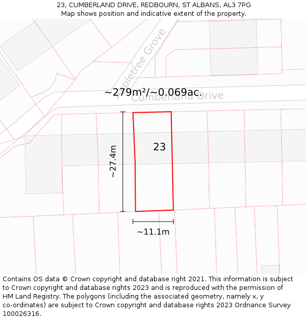 23, CUMBERLAND DRIVE, REDBOURN, ST ALBANS, AL3 7PG: Plot and title map