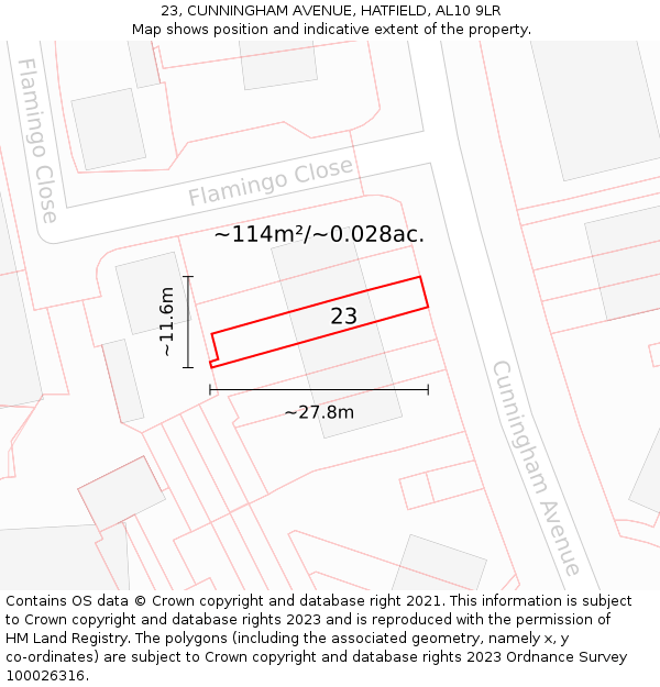 23, CUNNINGHAM AVENUE, HATFIELD, AL10 9LR: Plot and title map