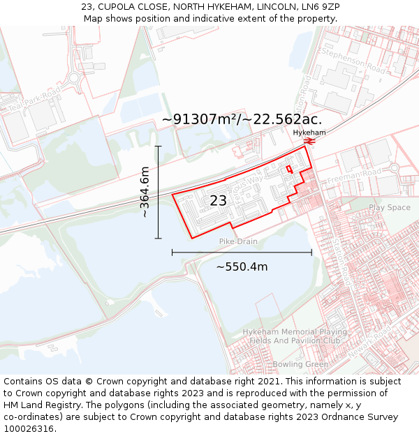 23, CUPOLA CLOSE, NORTH HYKEHAM, LINCOLN, LN6 9ZP: Plot and title map