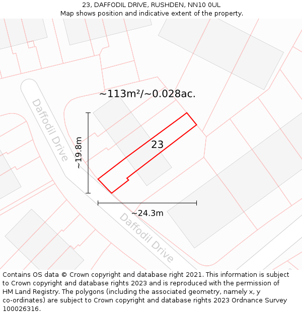 23, DAFFODIL DRIVE, RUSHDEN, NN10 0UL: Plot and title map