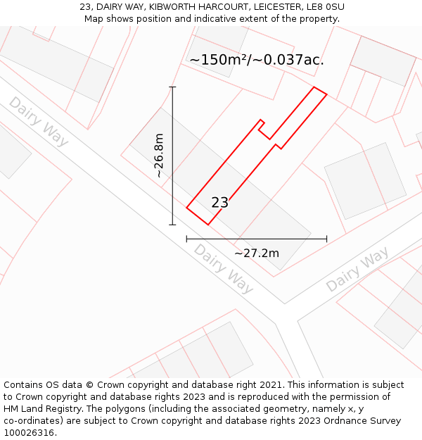 23, DAIRY WAY, KIBWORTH HARCOURT, LEICESTER, LE8 0SU: Plot and title map