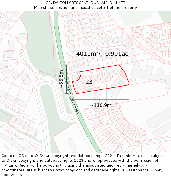 23, DALTON CRESCENT, DURHAM, DH1 4FB: Plot and title map