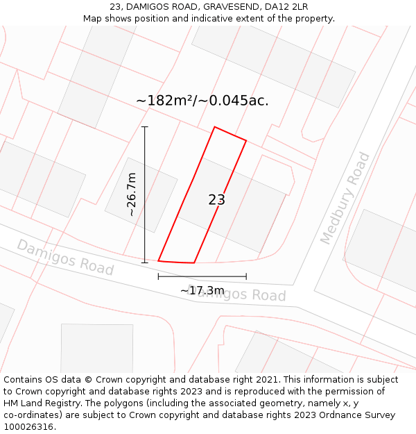 23, DAMIGOS ROAD, GRAVESEND, DA12 2LR: Plot and title map