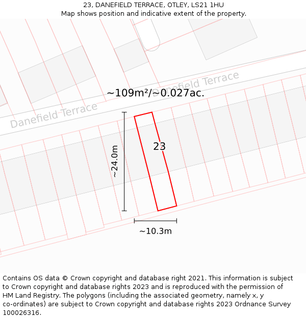 23, DANEFIELD TERRACE, OTLEY, LS21 1HU: Plot and title map