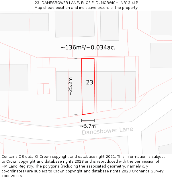 23, DANESBOWER LANE, BLOFIELD, NORWICH, NR13 4LP: Plot and title map