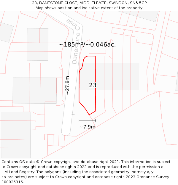 23, DANESTONE CLOSE, MIDDLELEAZE, SWINDON, SN5 5GP: Plot and title map