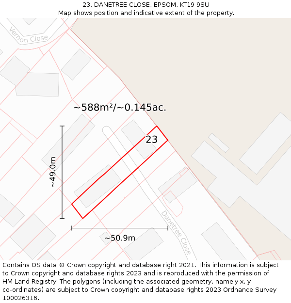 23, DANETREE CLOSE, EPSOM, KT19 9SU: Plot and title map