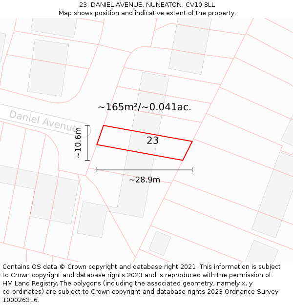 23, DANIEL AVENUE, NUNEATON, CV10 8LL: Plot and title map