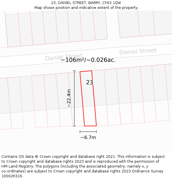 23, DANIEL STREET, BARRY, CF63 1QW: Plot and title map