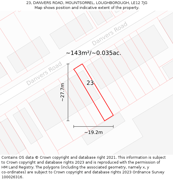 23, DANVERS ROAD, MOUNTSORREL, LOUGHBOROUGH, LE12 7JG: Plot and title map