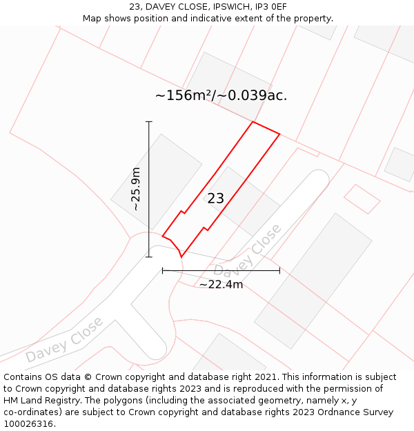 23, DAVEY CLOSE, IPSWICH, IP3 0EF: Plot and title map