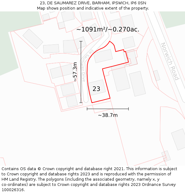 23, DE SAUMAREZ DRIVE, BARHAM, IPSWICH, IP6 0SN: Plot and title map