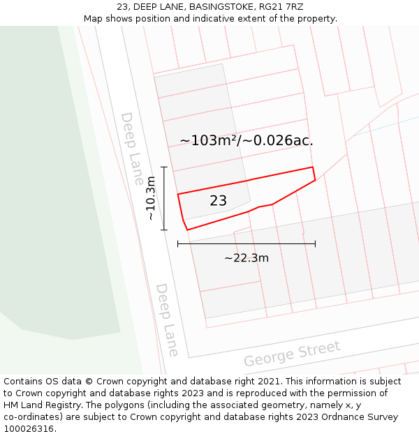 23, DEEP LANE, BASINGSTOKE, RG21 7RZ: Plot and title map