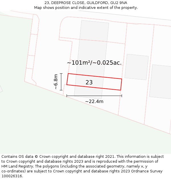 23, DEEPROSE CLOSE, GUILDFORD, GU2 9NA: Plot and title map