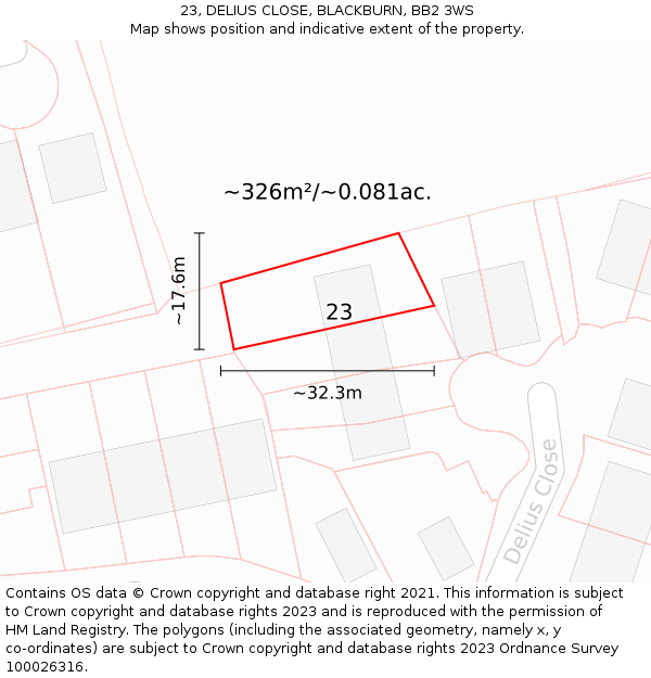 23, DELIUS CLOSE, BLACKBURN, BB2 3WS: Plot and title map