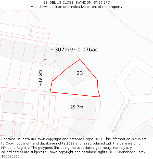 23, DELIUS CLOSE, SWINDON, SN25 2PD: Plot and title map