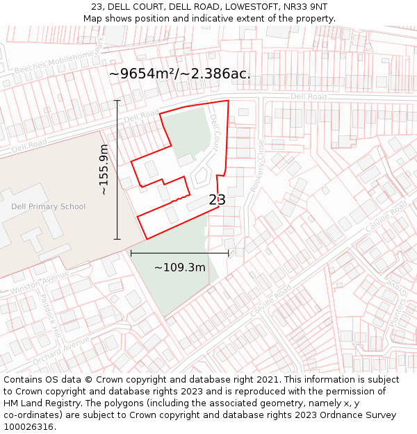 23, DELL COURT, DELL ROAD, LOWESTOFT, NR33 9NT: Plot and title map