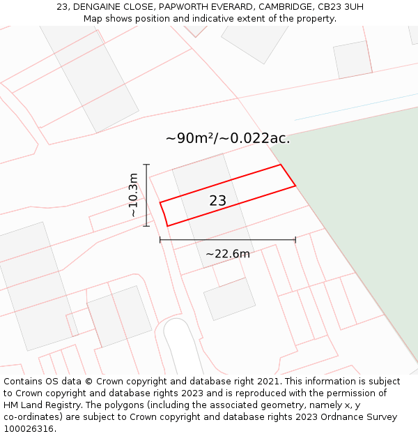 23, DENGAINE CLOSE, PAPWORTH EVERARD, CAMBRIDGE, CB23 3UH: Plot and title map
