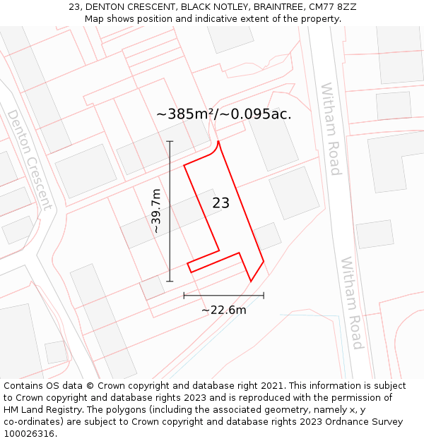 23, DENTON CRESCENT, BLACK NOTLEY, BRAINTREE, CM77 8ZZ: Plot and title map