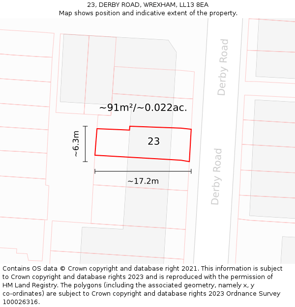 23, DERBY ROAD, WREXHAM, LL13 8EA: Plot and title map