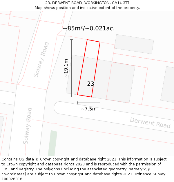 23, DERWENT ROAD, WORKINGTON, CA14 3TT: Plot and title map
